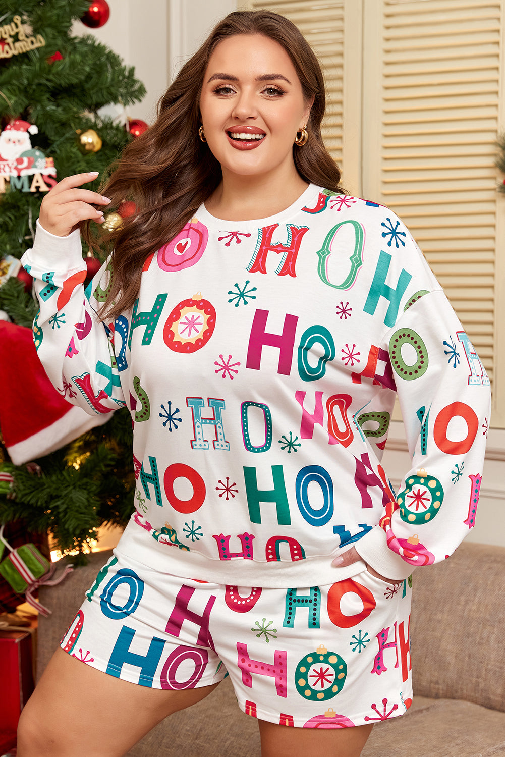 White Plus Size Christmas Ho Ho Ho Long Sleeve Lounge 2Pc Dear-Lover Dropshipping